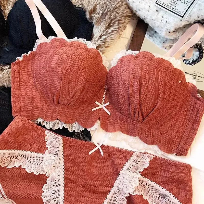 Sweet Contrast Color Lace Manipis na Kasuotang Panloob Para sa mga Young Girls Intimate One-Piece Seamless Maliit na Bra at Panty Set Cotton Lingerie — image 6