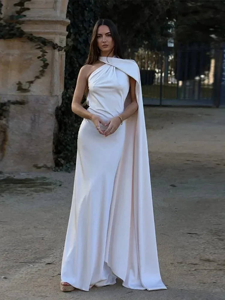 Ribbon Hanging Neck Long Dresses Slanted Shoulder Lace Up Backless Silky Satin Temperament Slim Fit Halter Woman Fishtail Dress