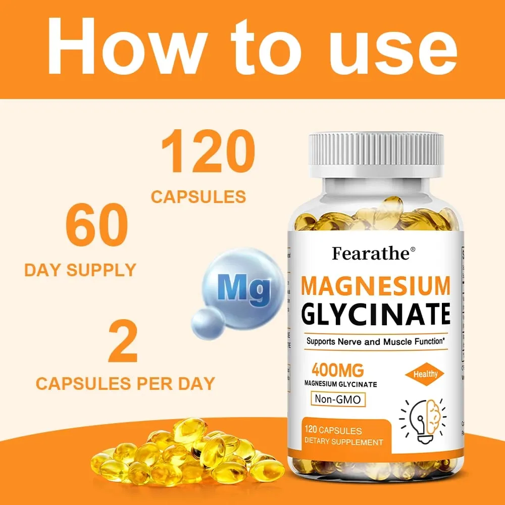 Magnesium Glycinate 400mg Capsules Support Muscle Bone Heart Nerve Sleep Quality & Immune System Health Non-GMO