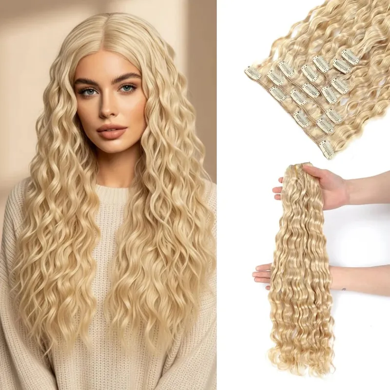 12A Curly Clip in Hair Extensions Brown Water Wave Real Remy Human Hair Clip in Extensions for Women Curly Clip Ins 7pcs 120g
