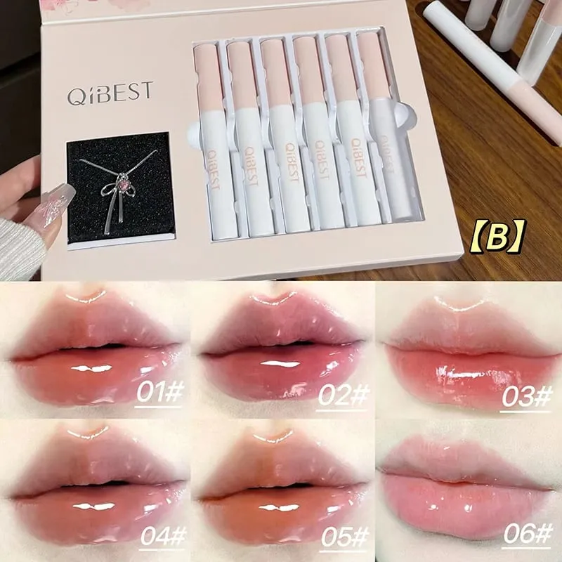 6Pcs/Box Matte Lipstick Sets And Mirror Watery Lip Glaze Lasting Lip Makeup Sets Moisturizing Lipgloss Necklace Gift