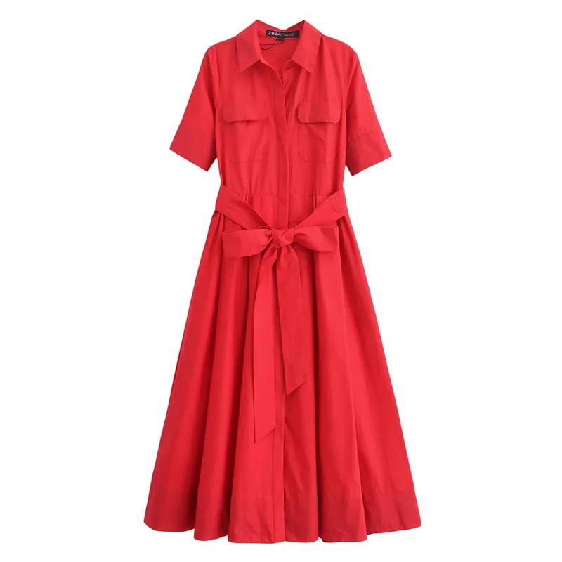 HH Women Summer Lapel Short Sleeve Pocket Single-Breasted Belt Decorate Midi Dress Female Fashion Shirt Style Pleated Dress