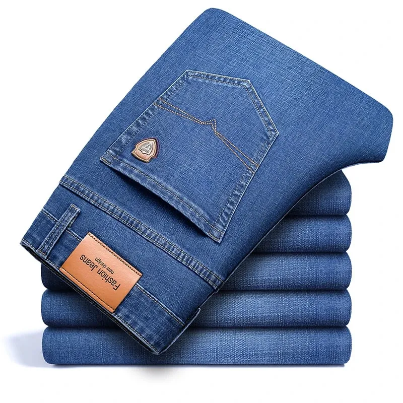 BAO 2026 autumn spring fitted straight stretch denim jeans classic style badge youth men's business casual jeans trousers