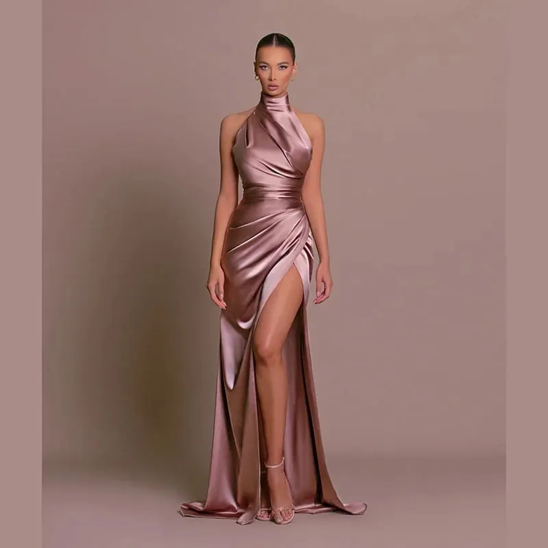 2026 Retro Style Satin Halter Maxi Dress Elegant Waist Slimming High Slit Party Formal Events Solid Color Minimalism Long Skirt