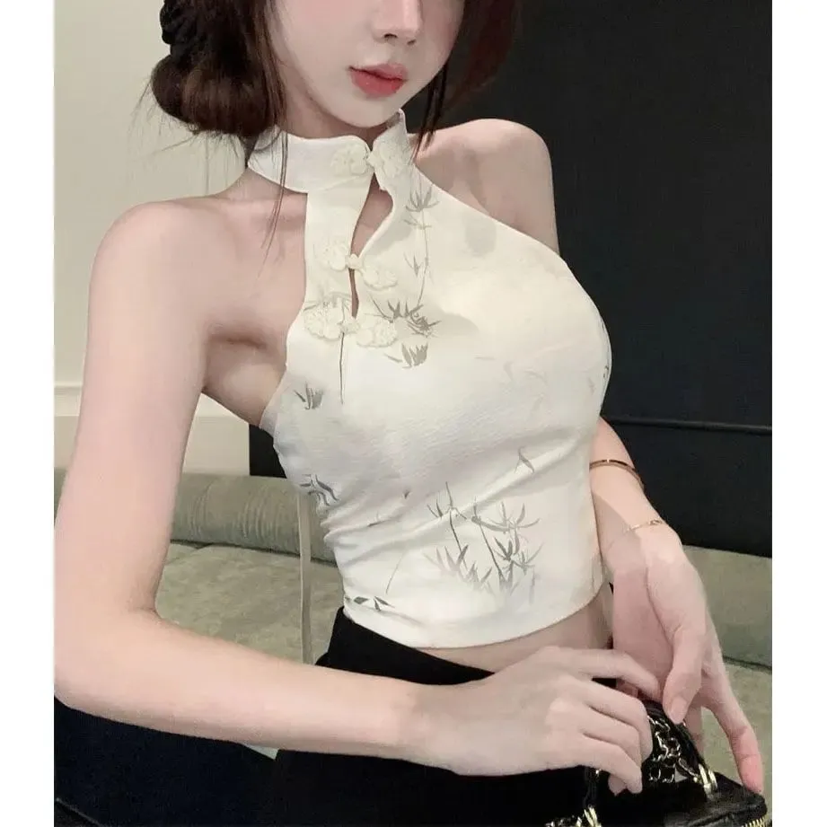 Summer Elegant Vintage Woman Clothing Print Halter Sleeveless Design Camis Tops Retro New Fashion Female Button Casual Chic Tops