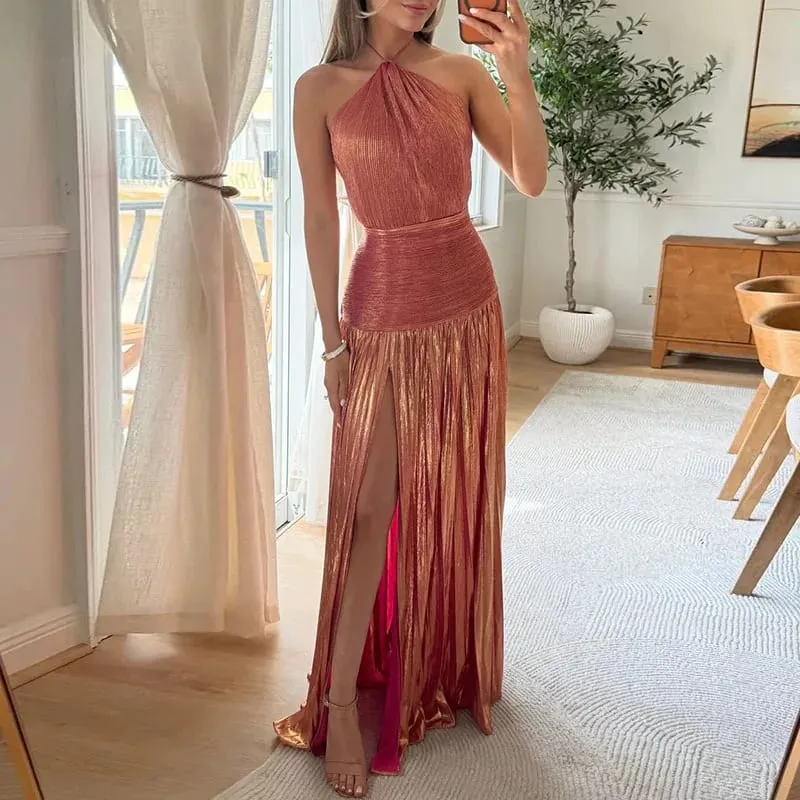 Zlaté sexy ohlávkové šaty s vysokými dělenými róbami Večerní šaty Dámské elegantní Jednobarevné duté řasené dlouhé šaty Jaro Léto Maxi šaty na zip bez zad