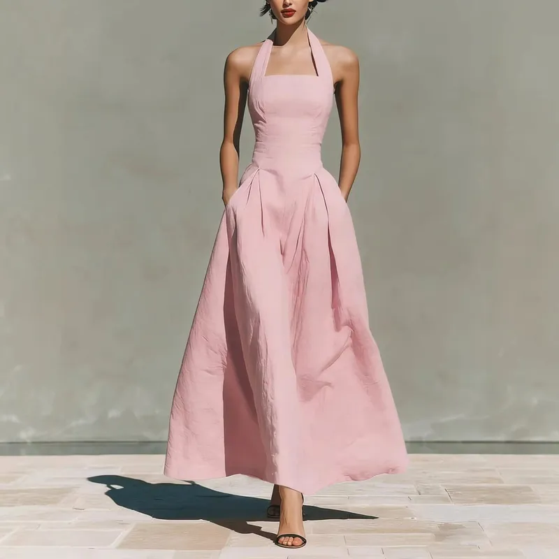 2026 Women's Spring and Summer Neck-Hanging Linen-Style Leisure Fashion Fitting Pocket Dresses