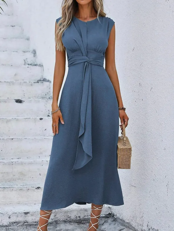 Women's Solid Color A-Line Dress Sleeveless Front Thin Straps Elegant Belted Midi Dress for Summer