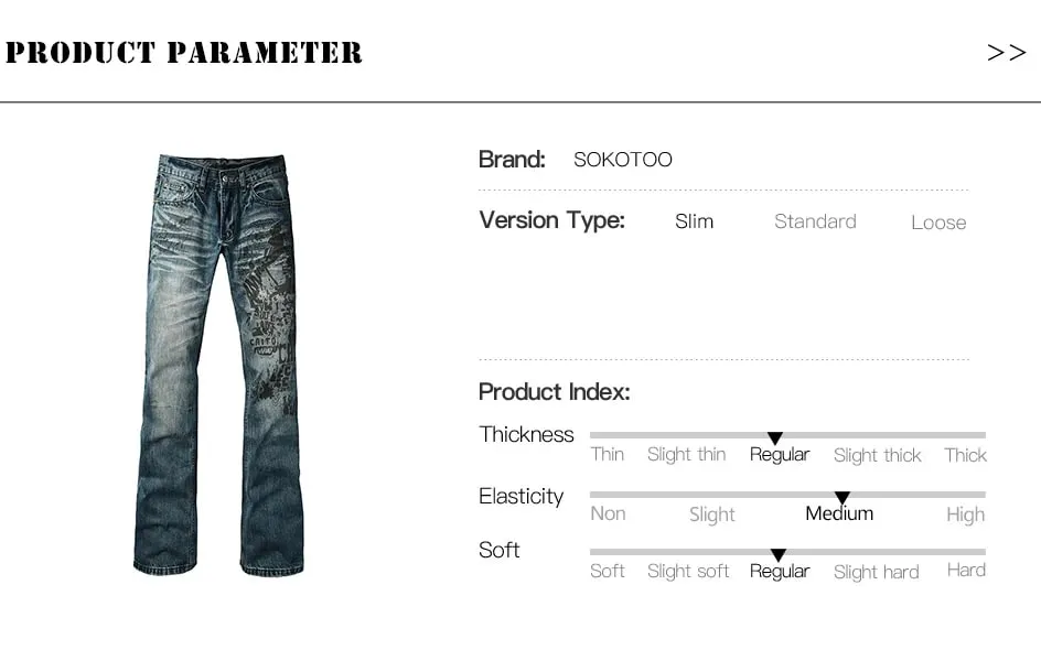 Men's Boot Cut Denim Jeans Slim Flared Pants Blue Stretch Long Trousers High-Quality Pattern Print
