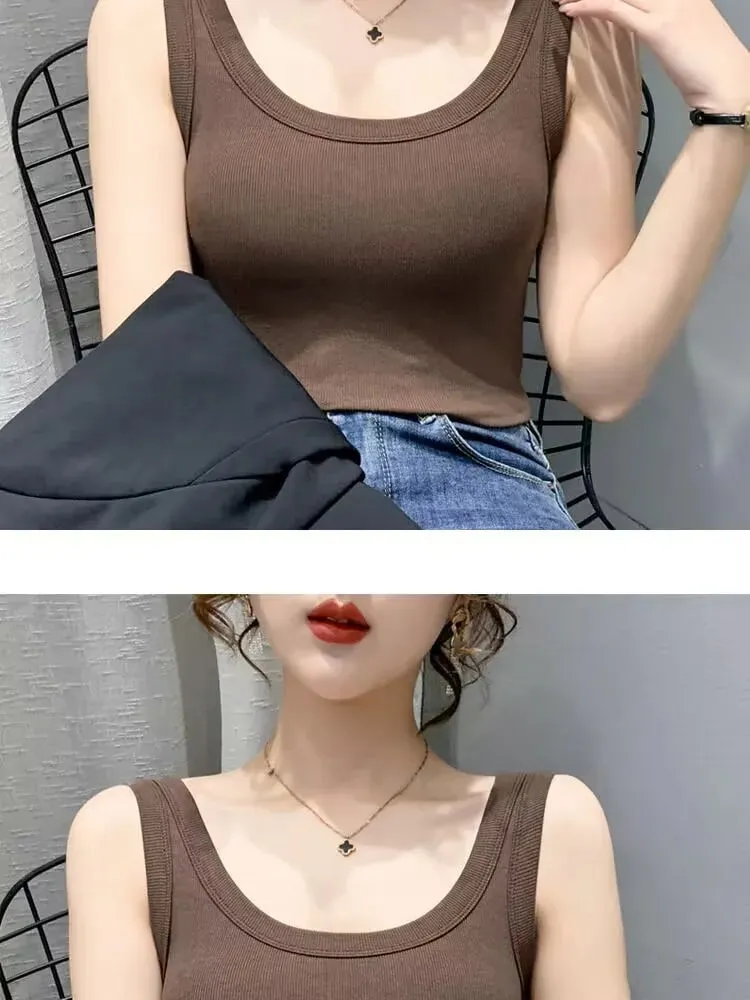 2023 Summer Women Basic Ribbed Knitted Tank Top Solid Color Sleeveless T-shirts Casual Camis Green Blue Elastic Female Tops