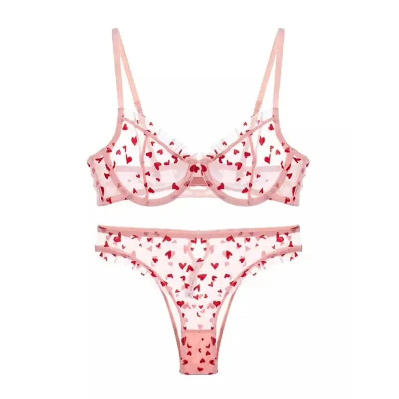 Women Heart Pattern Lace Underwire Bra Set Light Mesh Support Daily Intimates Lingerie Underwear Size 32‑38AB Women