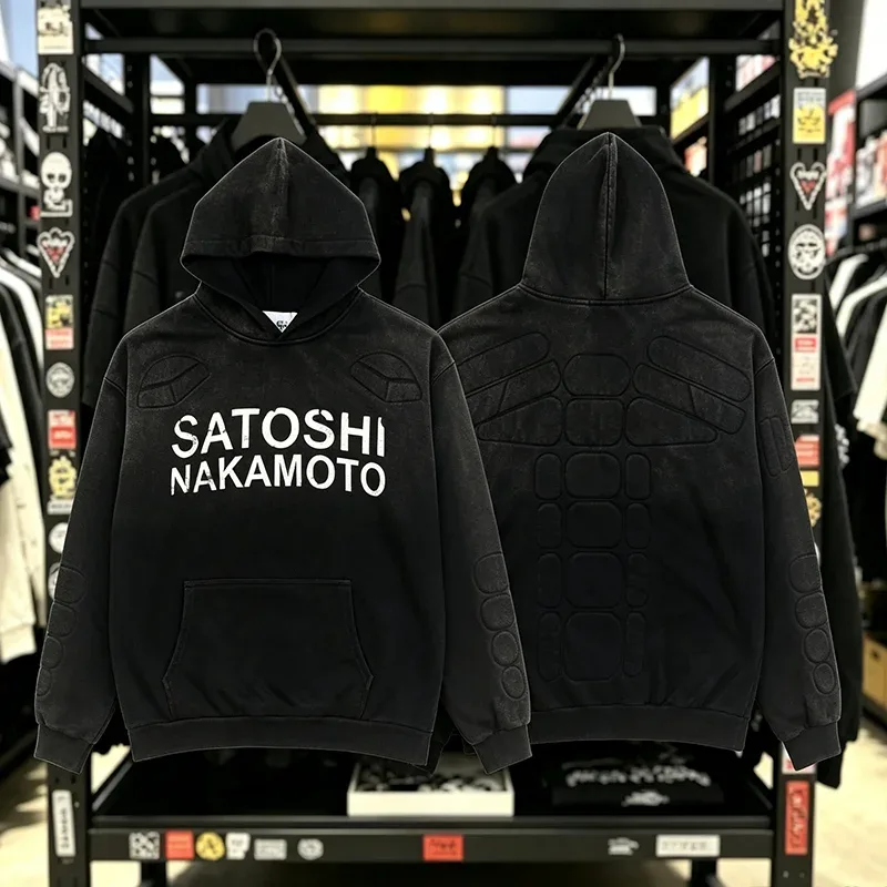 Street Casual SATOSHI Hoodies Pullover Embossed Pattern Embroidery Turtle Shell Design Washed Hooded Men Women Loose Sweatshirts