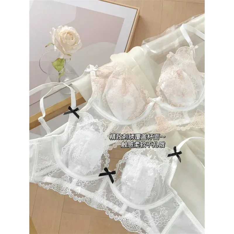 French Lace Lingerie Set Women Wirefree Minimizer Support Summer Ultra Thin Bra Large Chest Petite Look Bunny Ears