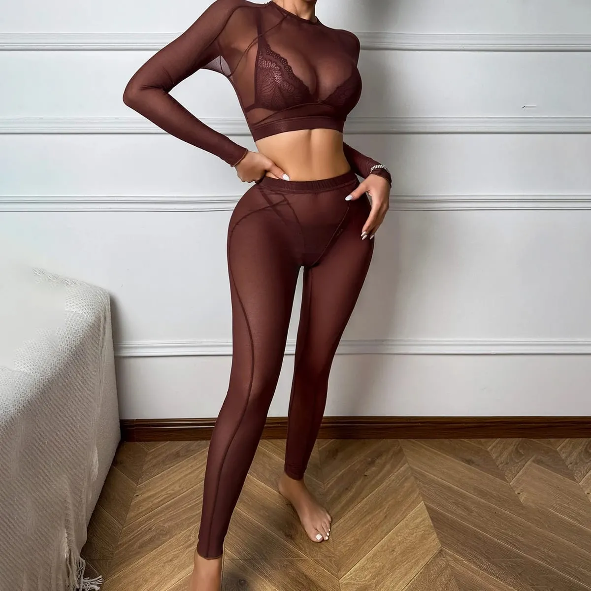 Comfortable backless long sleeved transparent mesh shaping sexy lace triangle cup lingerie split set