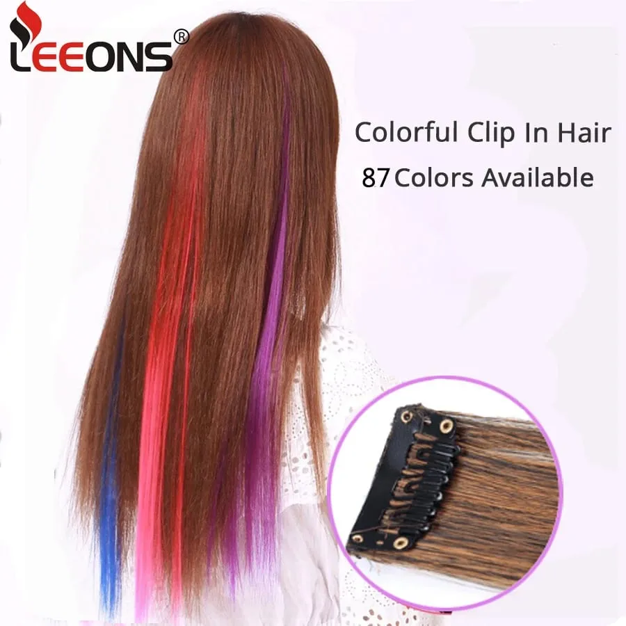 Lige farvet hårstykke Hair Extensions Clip In Highlight Regnbuehår Pink Blå Lilla Syntetisk på klips til kvinder piger — image 4