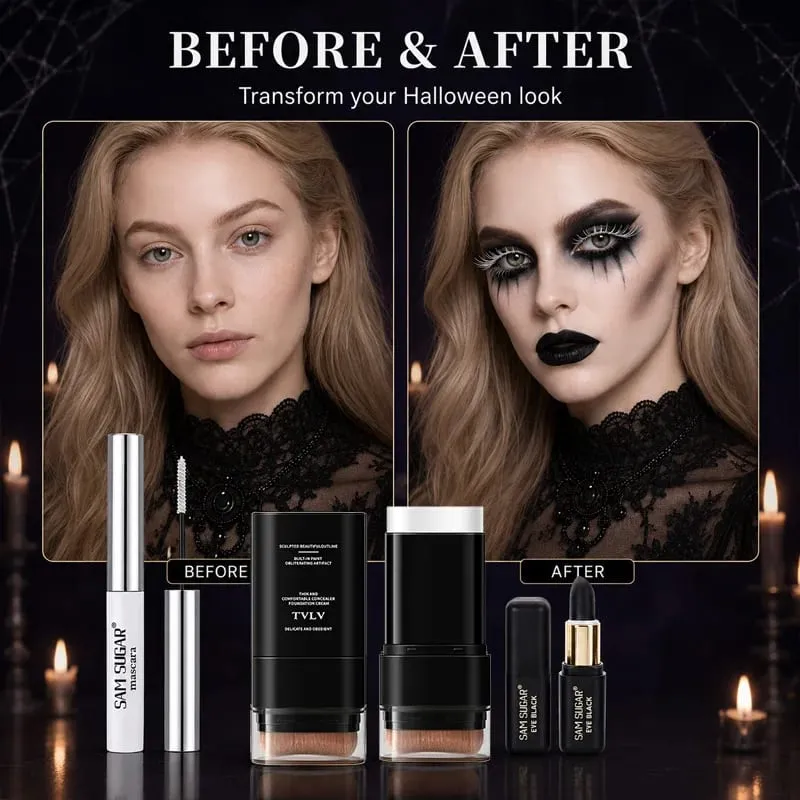 3PCS Halloween Makeup Kit Mascara White Foundation Stick Black Face Paint Stick Goth Vampire Skeleton SFX Cosplay Costume Party