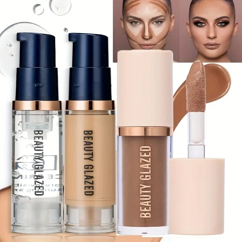 3pcs Face Makeup Set Liquid Foundation+Primer+ Liquid Contour Natural Weightless Long-wearing Smudgeproof Bronzer — image 2
