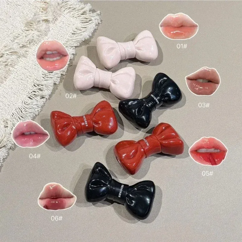 Bow Tube Jelly Mirror Lip Gloss Tomato Red Moisturizing Lip Tint Watery Glass Glossy Waterproof Lip Glaze Plump Lips Cosmetics