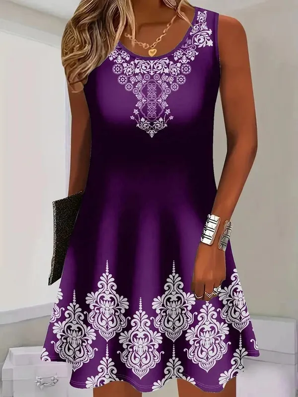 3D Floral Pattern Retro Women Mini Dresses Summer Sleeveless Flower Printed Street Ladies Dress 3XL Plus Size Casual Dress Tees