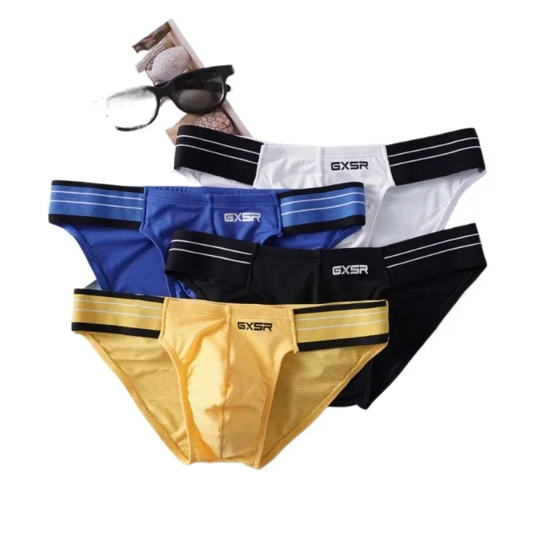 Solid color splicing side waist high fork men's briefs threaded ice silk fashionable low waist men's underwear