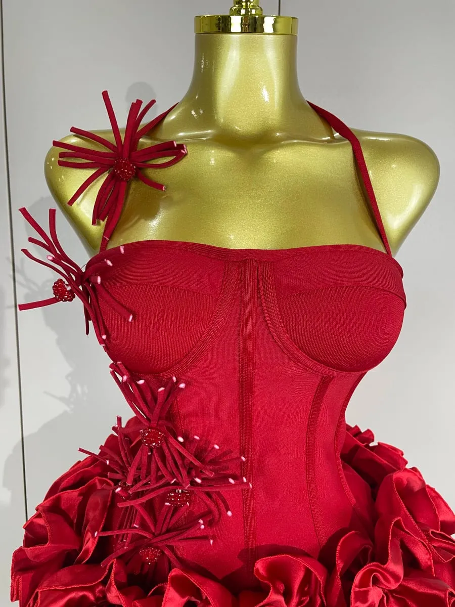Women Sexy Halter Prom Gown Celebrity Club Two Piece Set Cocktail Elegant Fashion Luxury Birthday Party Red Black Bandage Outfit