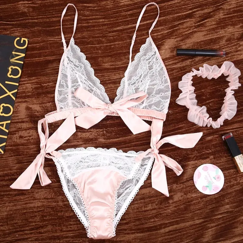 Lingerie sexy francese con volant in pizzo, reggiseno e slip senza ferretto con set di biancheria intima con giarrettiera, tentazione, set di reggiseno ultra sottile