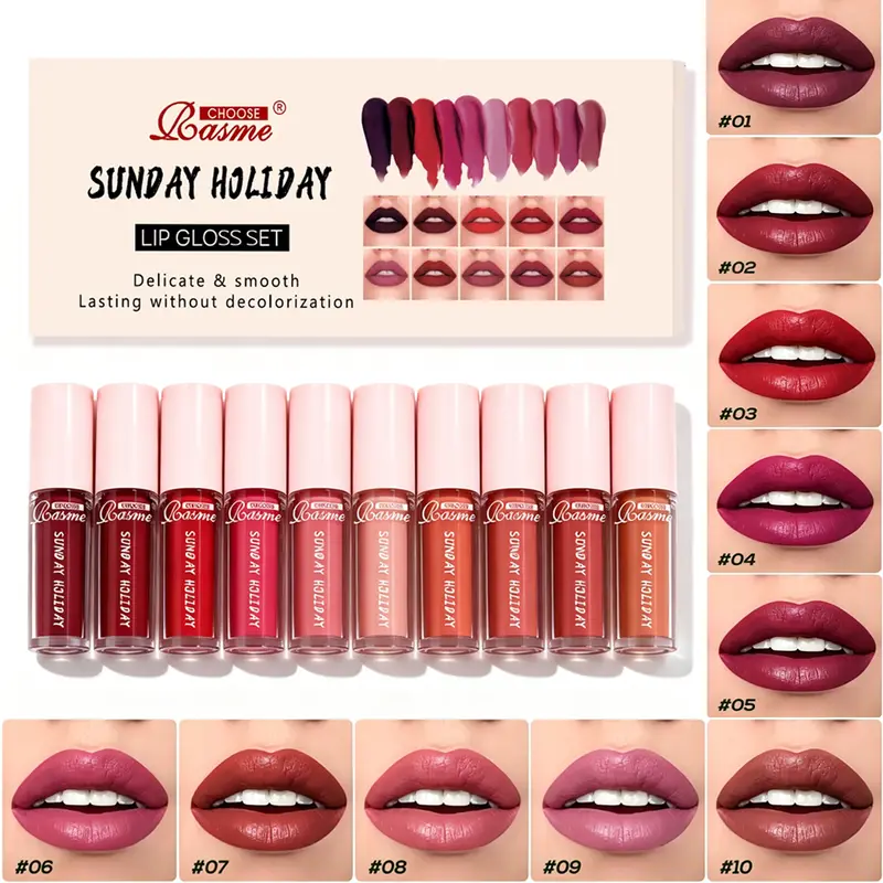 10PCS/Set Sunday Holiday Lip Gloss Kit Matte Liquid Lipstick Long Lasting Waterproof Lip Tint Women Cosmetics Wholesale Makeup