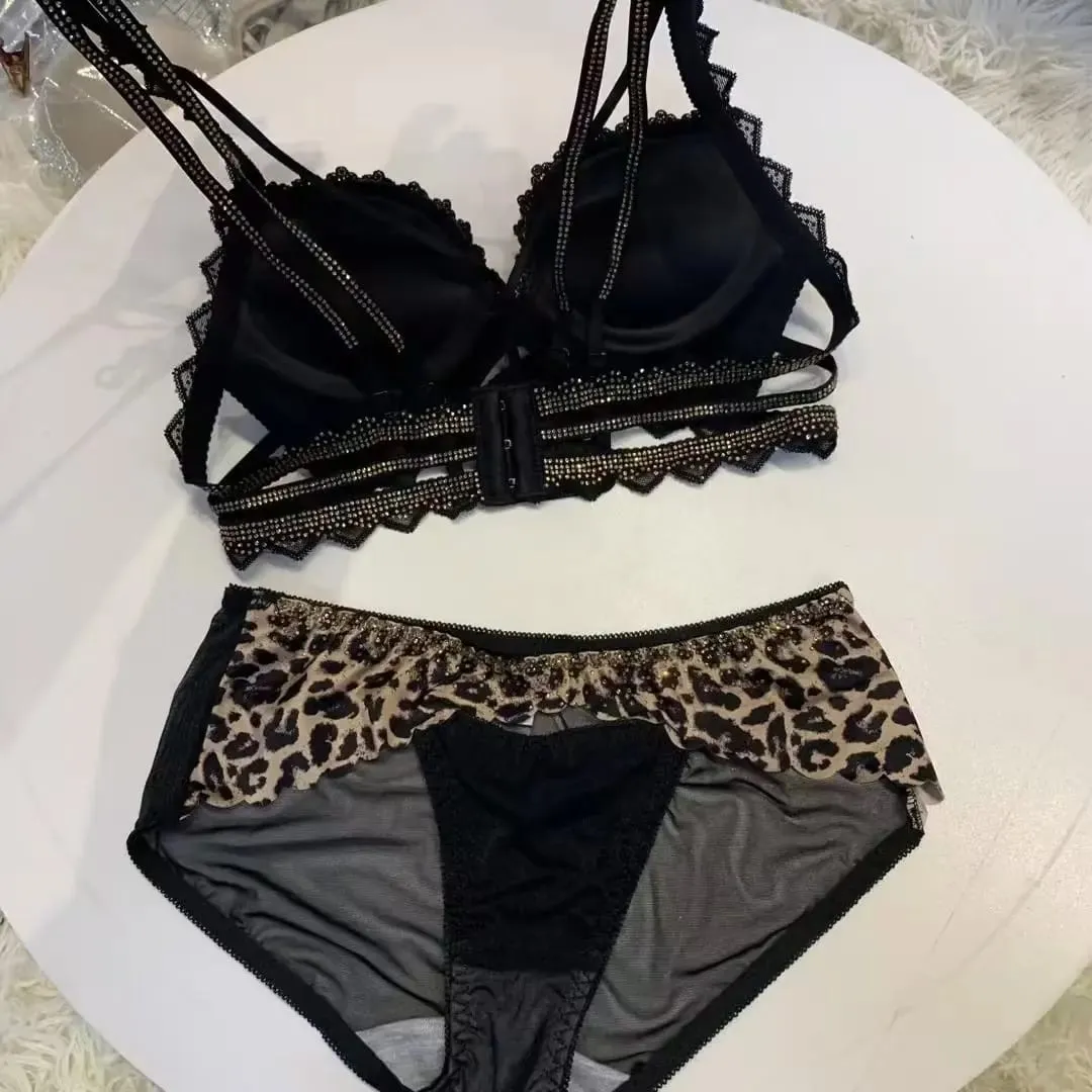 (Bralette For Small Breasts) New Rhinestone Leopard Print Thickened Lingerie Small Breasts Gathering Hollow Out Women's Bra Set — image 6