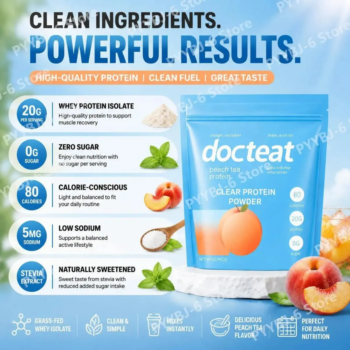 Docteat Peach Tea Clear Protein Powder 455g Whey Isolate & Stevia 20g Protein Low Fat 0g Sugar Fitness Workout Recovery Support