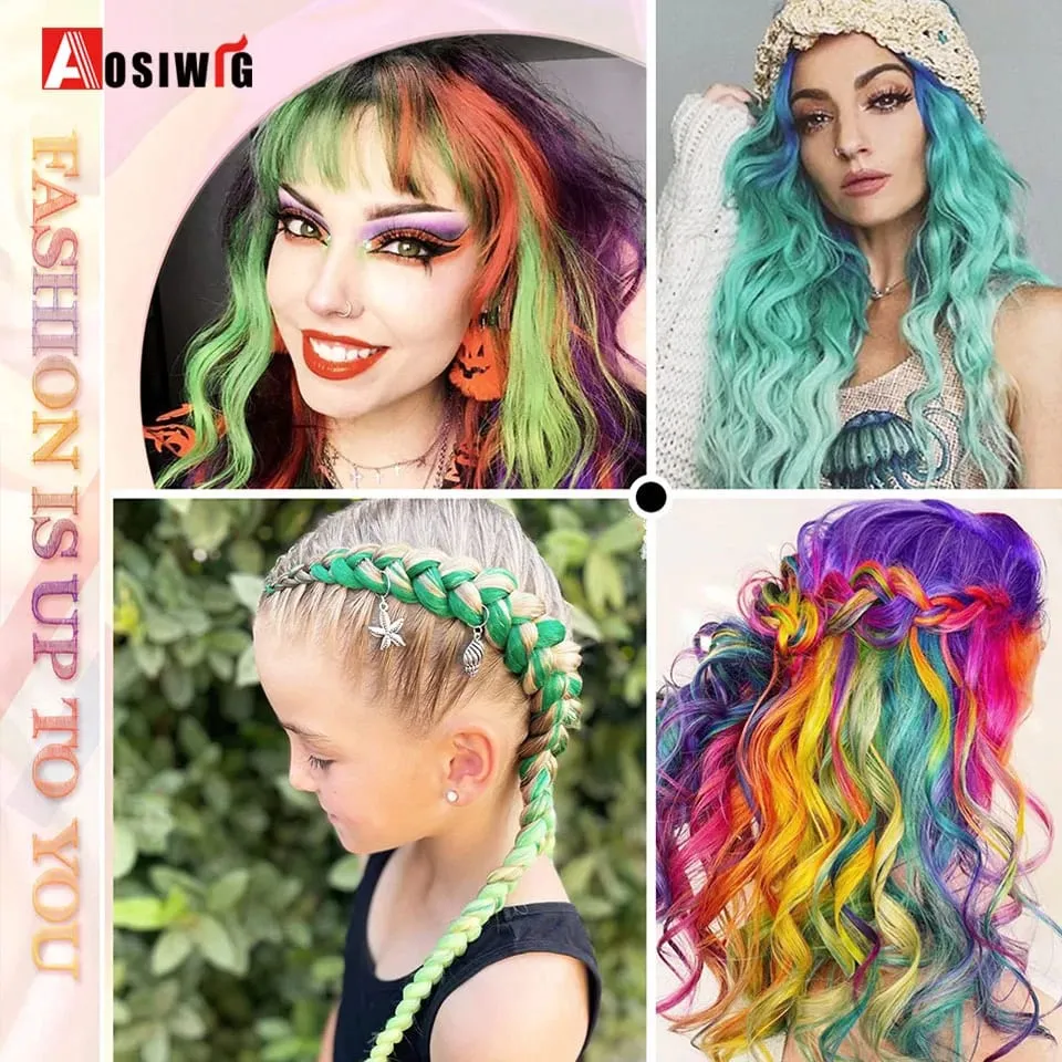22" Synthetic Long Straight Rainbow Highlight Colored Hair Extensions Clip In One Piece Ombre Pink Purple Green Yellow For Wome