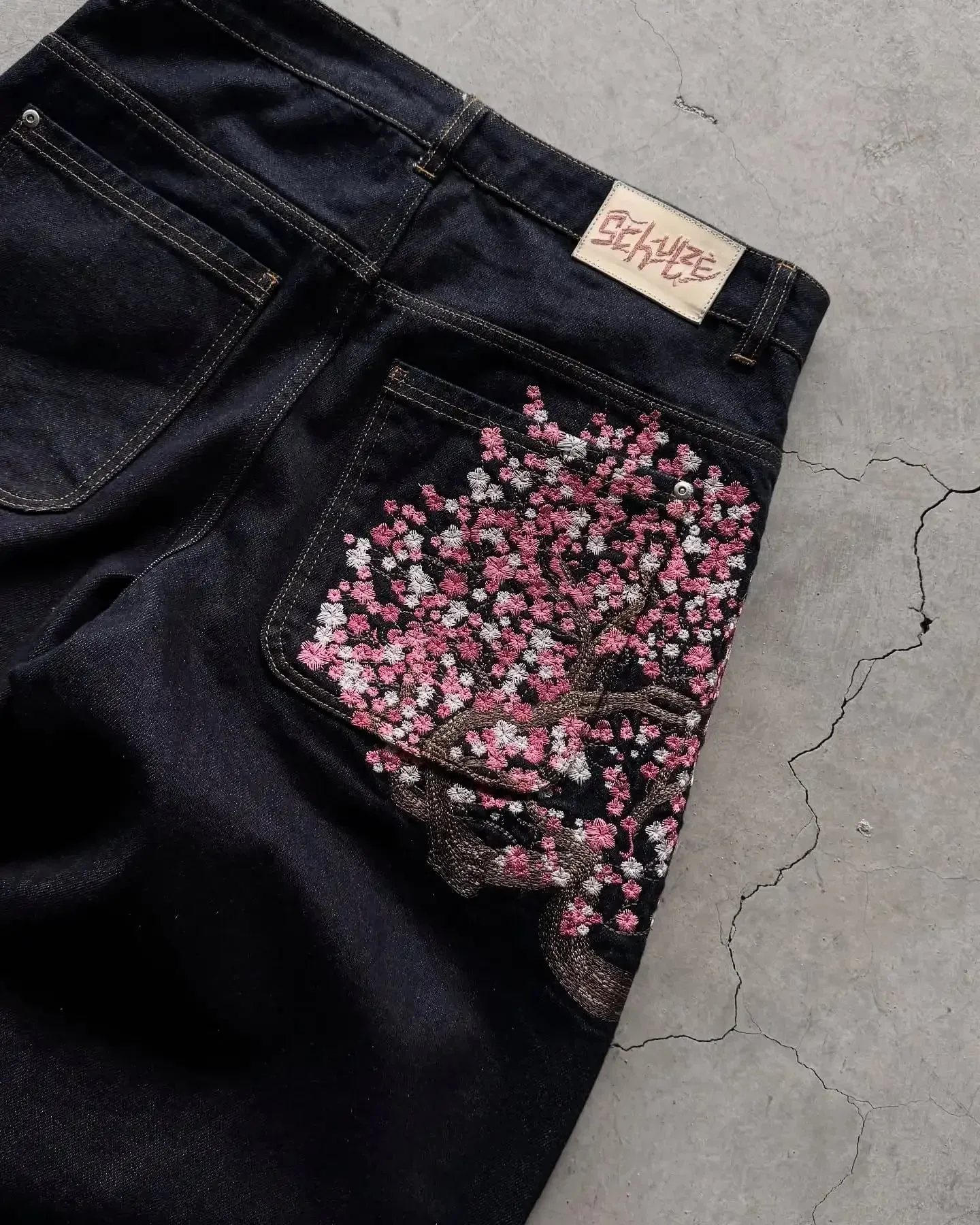 Harajuku Patchwork Cherry Blossom Embroidery Denim Pants Y2k Vintage Women Baggy Straight Wide Leg Jeans Street Men Clothes