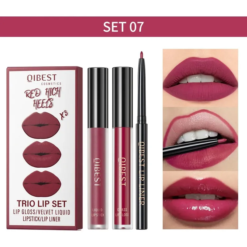 Matte Liquid Lipstick&Lip Liner&Lip Gloss 3Pcs Sets Long Lasting Non-stick Cup Red Black Purple Lip Tint Cosmetics Kits — image 16