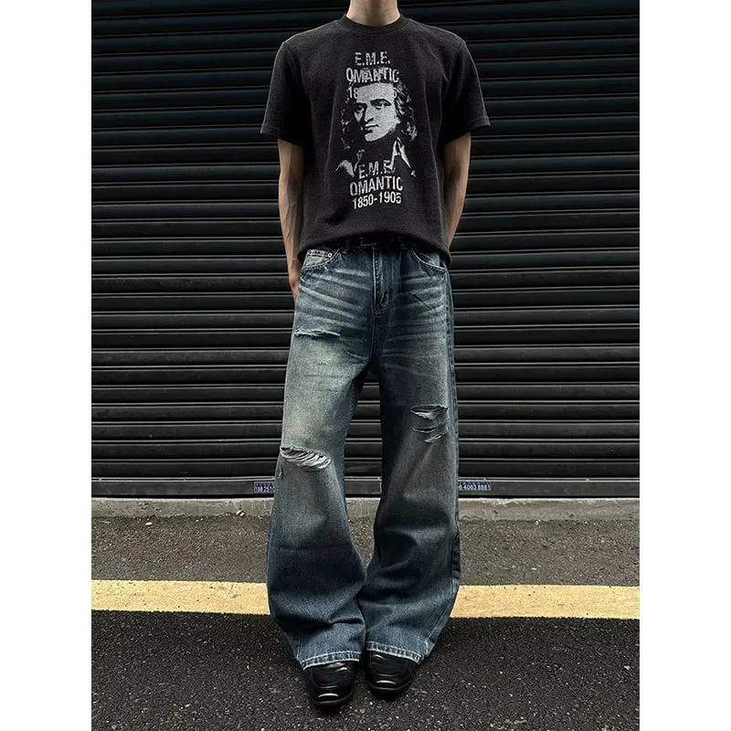 Men's Jeans Man Pants Heavy Duty Washed Multi Pocket Carpenter Style Straight Loose Denim Trousers Casual Fit High Street