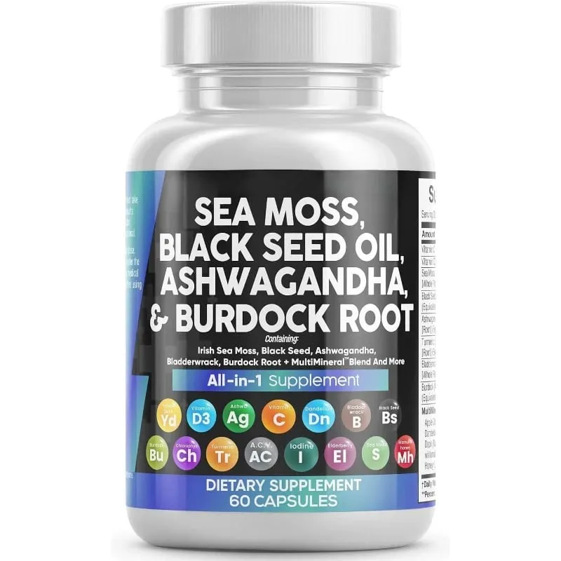 Sea Moss Capsules Contain Black Seed Turmeric & Vitamin D Plant-Based Daily Mineral All in One Supplement 60 Count Per Bottle