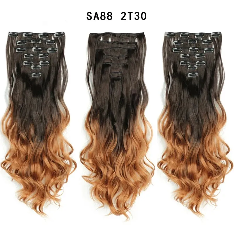 Clip in Long Wavy Synthetic Hair Extension 22 Inch Black 7PCS Thick Hairpieces Fiber Double Weft Hair for Women