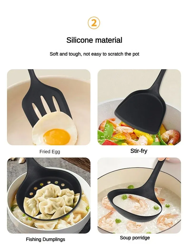 8ps Household black Silicone kitchenware 8-piece set of Chinese spaghetti spoon salad spaghetti spaghetti spaghetti，Rice spoon，