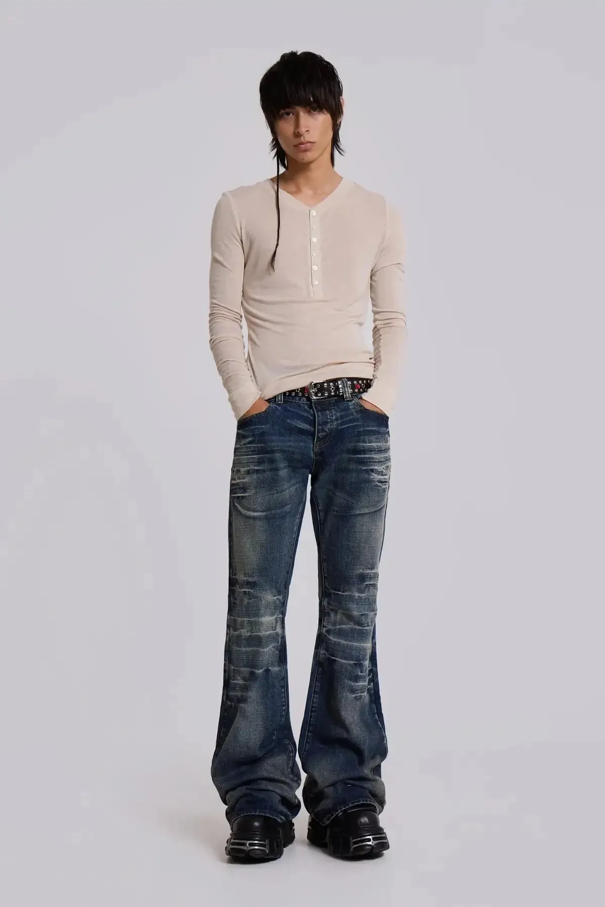 Y2K Vintage Flared Jeans Mid Blue Washed Men Women Bootcut Jeans American Hip Hop Distressed Streetwear Unisex Wide Leg Pants