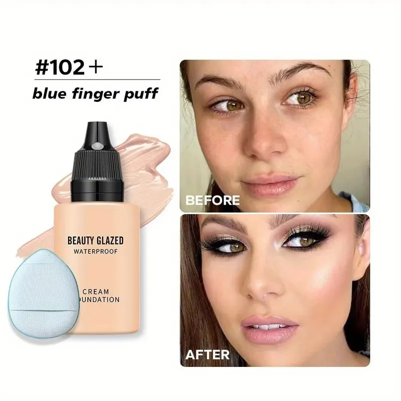 2024 New Foundation +Puff set Liquid Matte Full Coverage Foundation Waterproof Matte Natural Foundation With Blue Thumb Puff — image 3