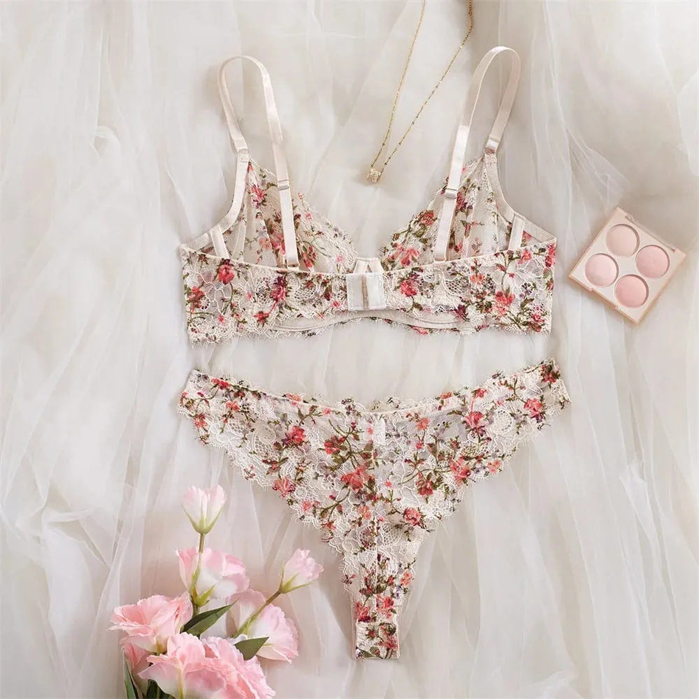 Krasapt francês flor bordado lingerie 2 peças conjuntos de renda extravagante retalhos ver através de sutiãs e calcinhas ternos sexy roupas eróticas — image 3