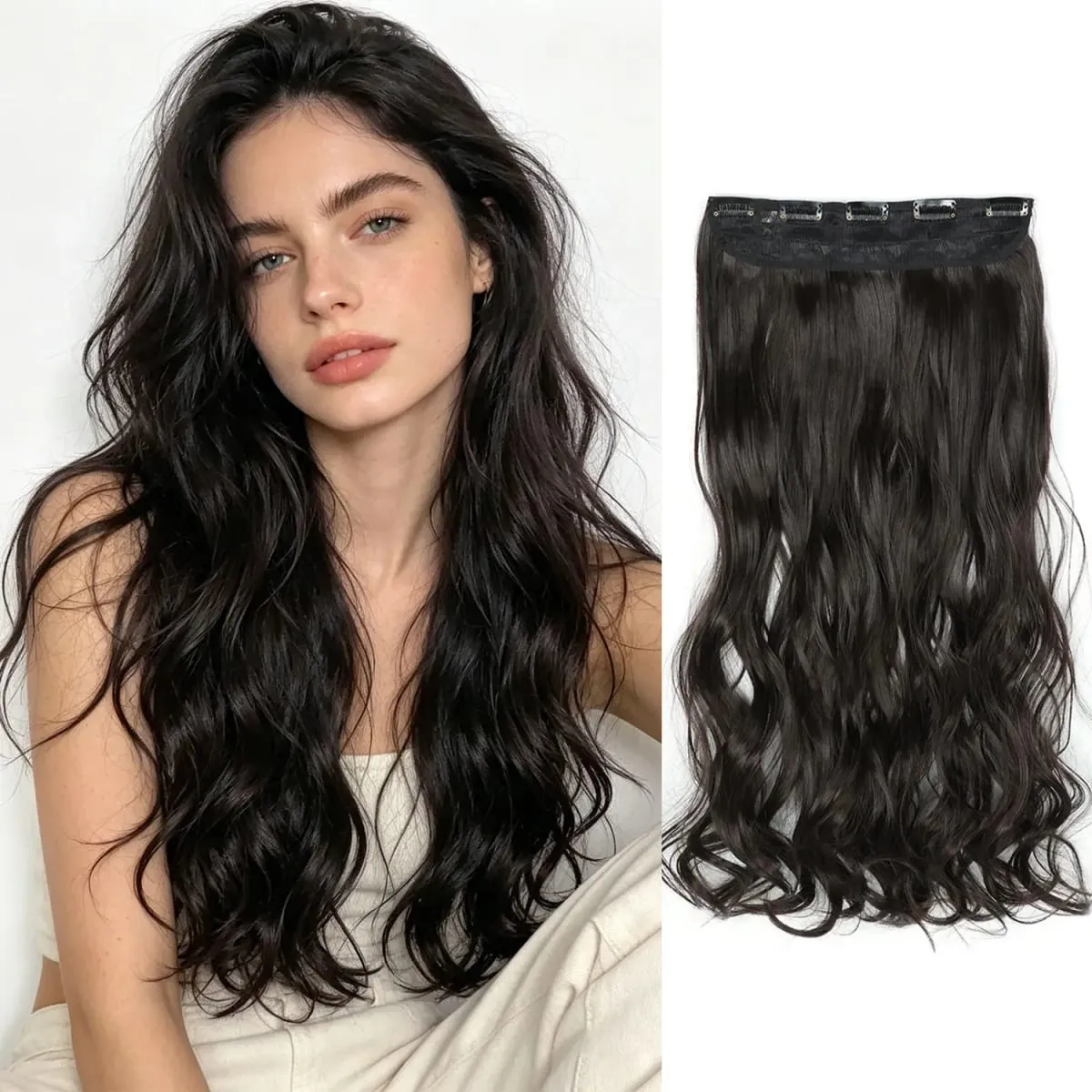 Extensions de cheveux synthétiques à clips, postiche ondulée en fibre haute température, 5 clips en une pièce, pour femmes, fête quotidienne, vacances