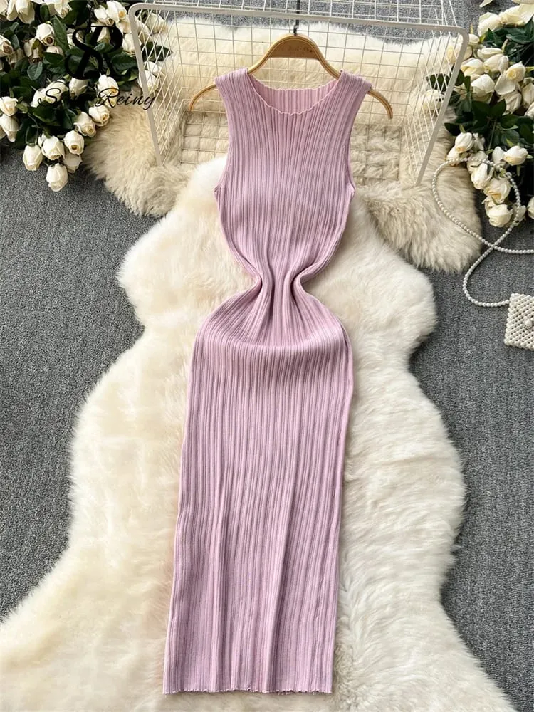 Women Sheath Long Dress O Neck Sleeveless Solid Pleated Knit Elastic Fashion Elegant Stiped Retro Sexy Bodycon Dress — image 3