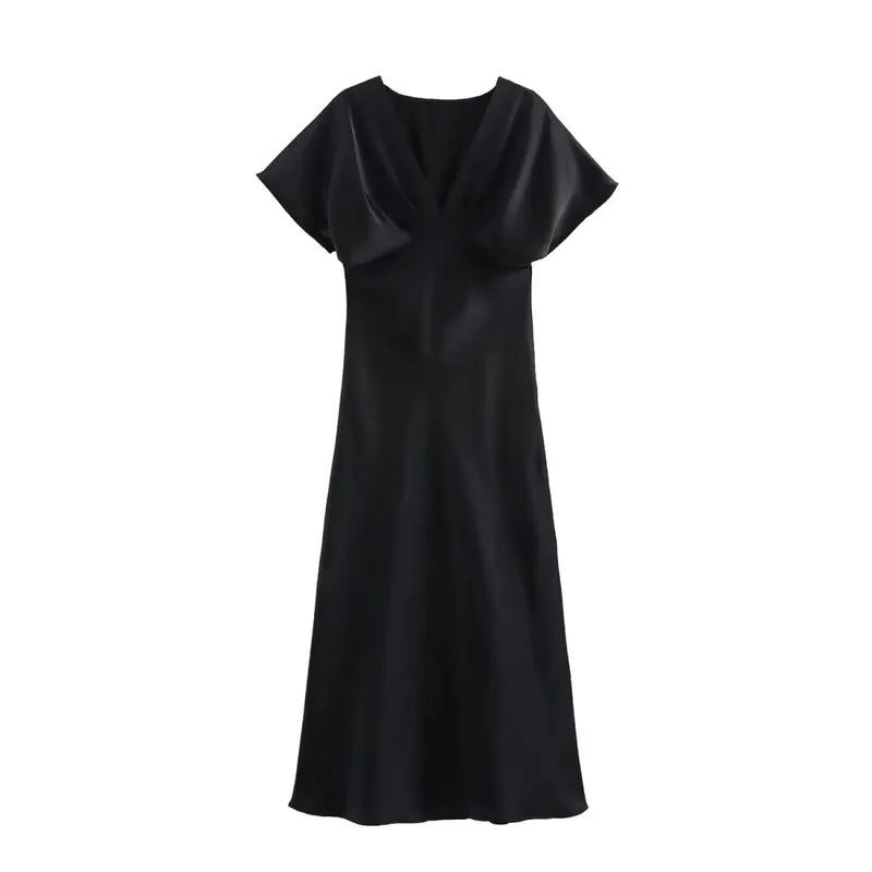 HH Women Elegant Solid Satin Dress Sexy V Neck Short Sleeve Midi Dress 2025 New Fashion Summer Lady Holidays Party Dress