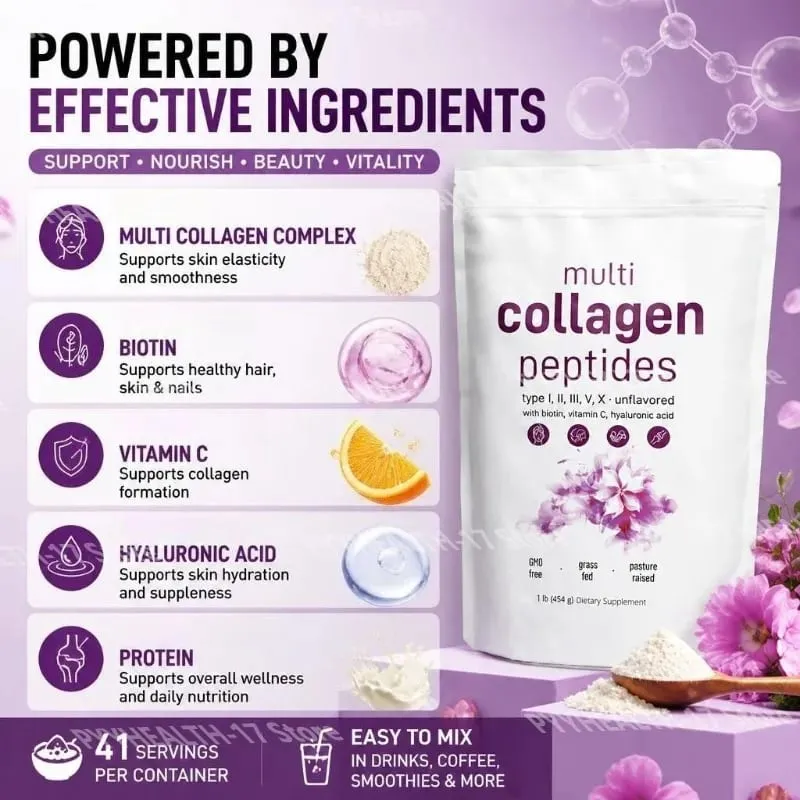 Multi Collagen Peptides Pulver Typer I II III V med Biotin Vitamin C & Hyaluronsyra Stöder Hud Hår Naglar för Män Kvinnor
