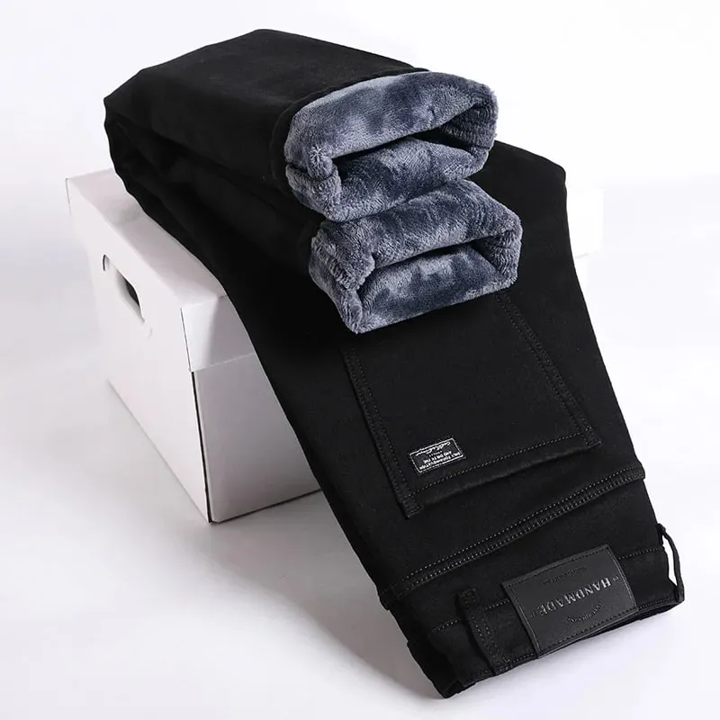 2027 New In Slim Straight Elastic Denim Winter Fleece Thick Warm Jeans Men's Pants Casual Male Clothing Fashion Plush Trousers