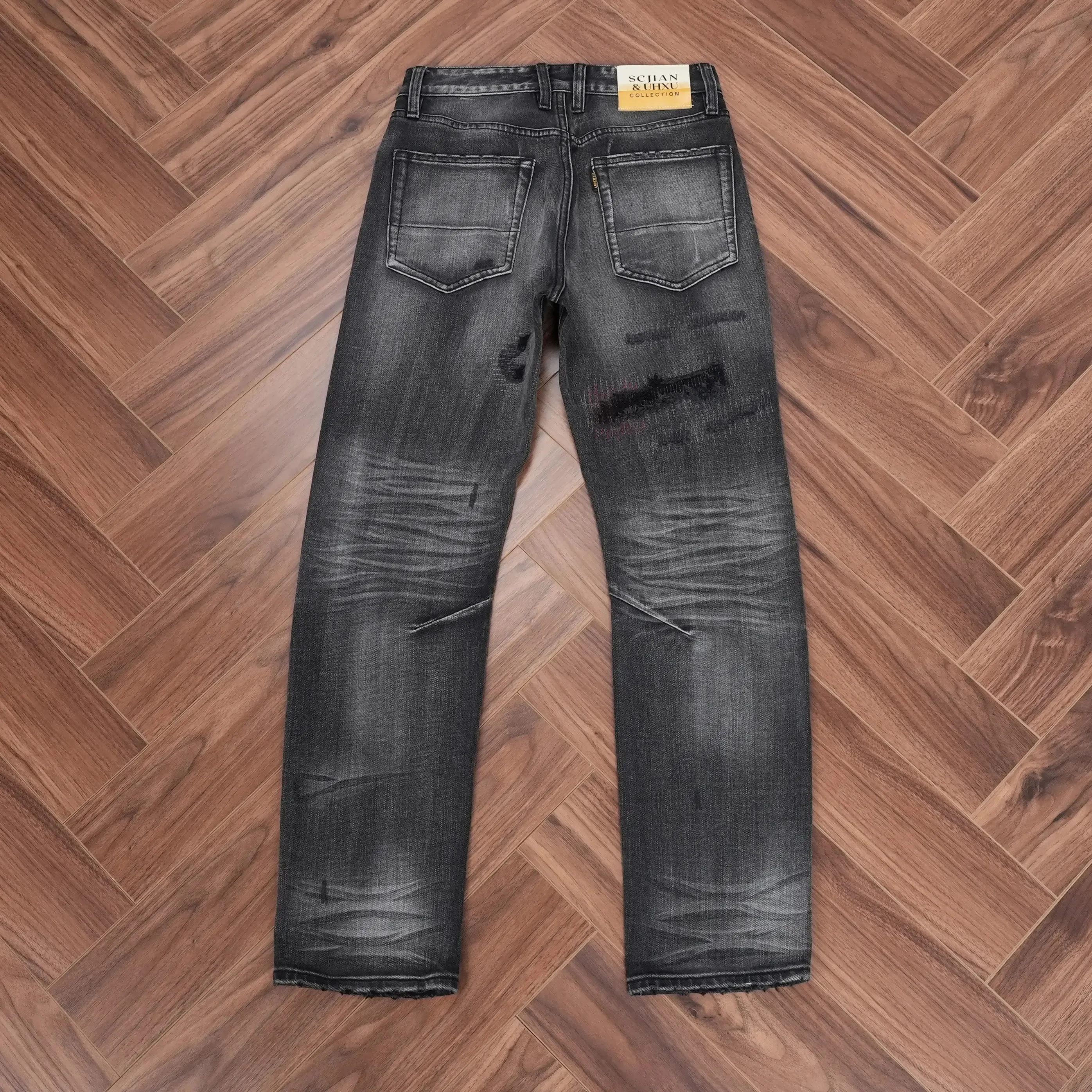 Spring Washed BlackGray Denim Jeans for Men Ripped Hole Distressed Design Regular Straight Leg Comfortable Trendy Casual Pants