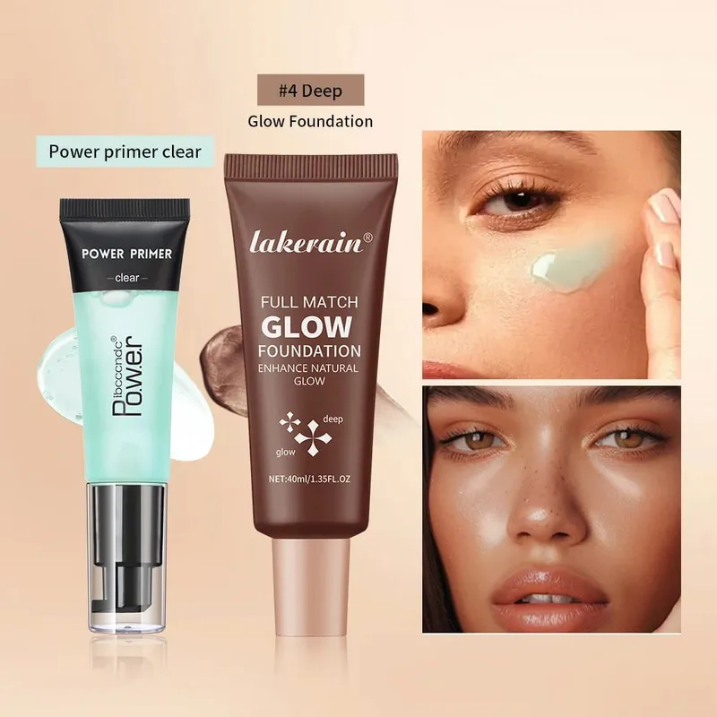 Powder Grip Primer Gel & Glow Foundation Makeup Kit Hydrating Smoothing Skin Lightweight Brighthen Shiny Fase Cosmetics Combo