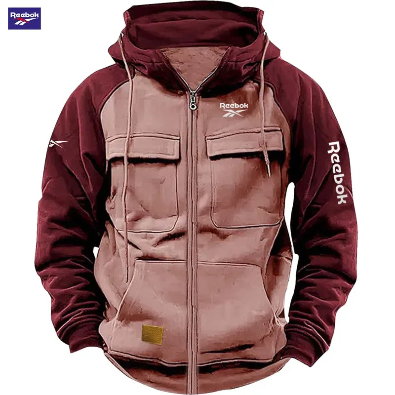 2026 Reebok New Autumn-Winter Men's Hooded Patchwork Casual Sweatshirt Loose-Fit Fashionable Youth Multi-Pocket Padded Hoodie
