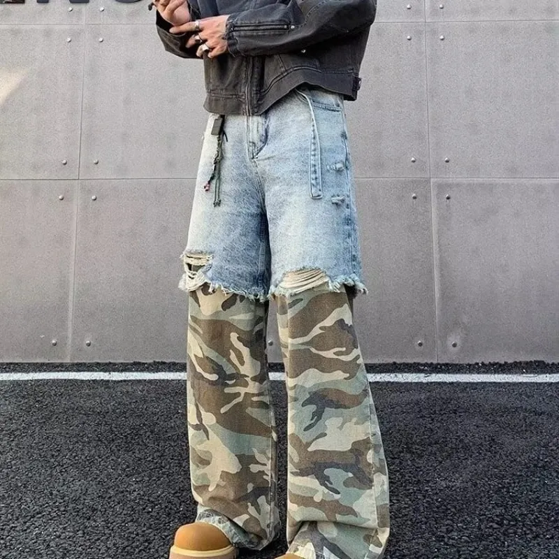 Street Patchwork Ripped Camouflage Jeans Baggy Fake Two-piece Washed Denim Trousers Vintage Y2K Camo Cargo Straight Jean Man