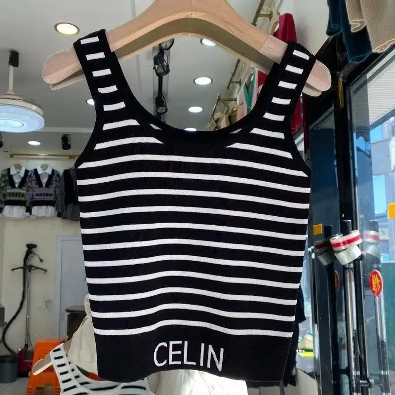Spring and Summer New Korean-style Hem Letter Stripes Slimming Knitted Halter Top Versatile Slimming Solid Color Vest for Women