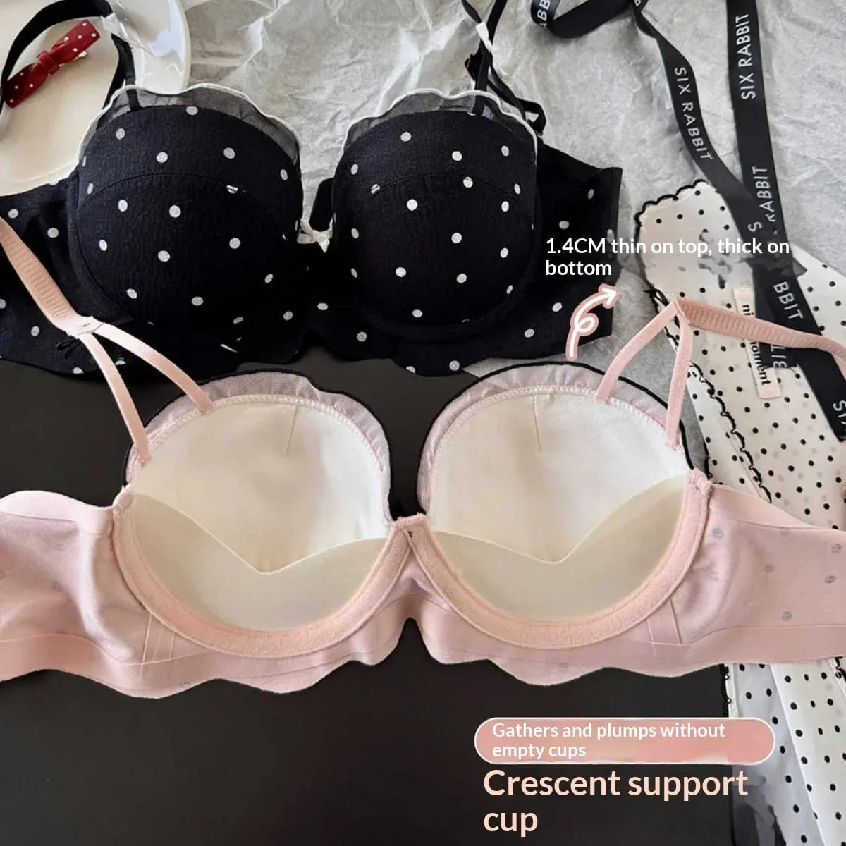 Lace Polka Dot Bra Two-Piece Set Small Bust Gathering Anti-Sagging Side Breast Collection Comfortable Wire-Free Lingerie Set